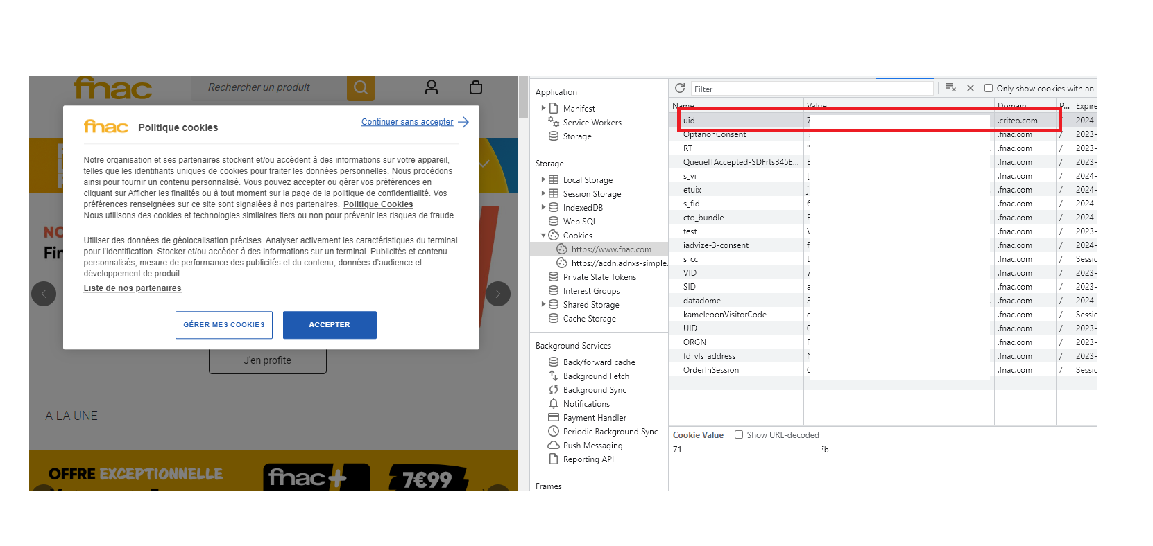 capture d'écran montrant un dépôt de cookie tiers par Criteo sans consentement